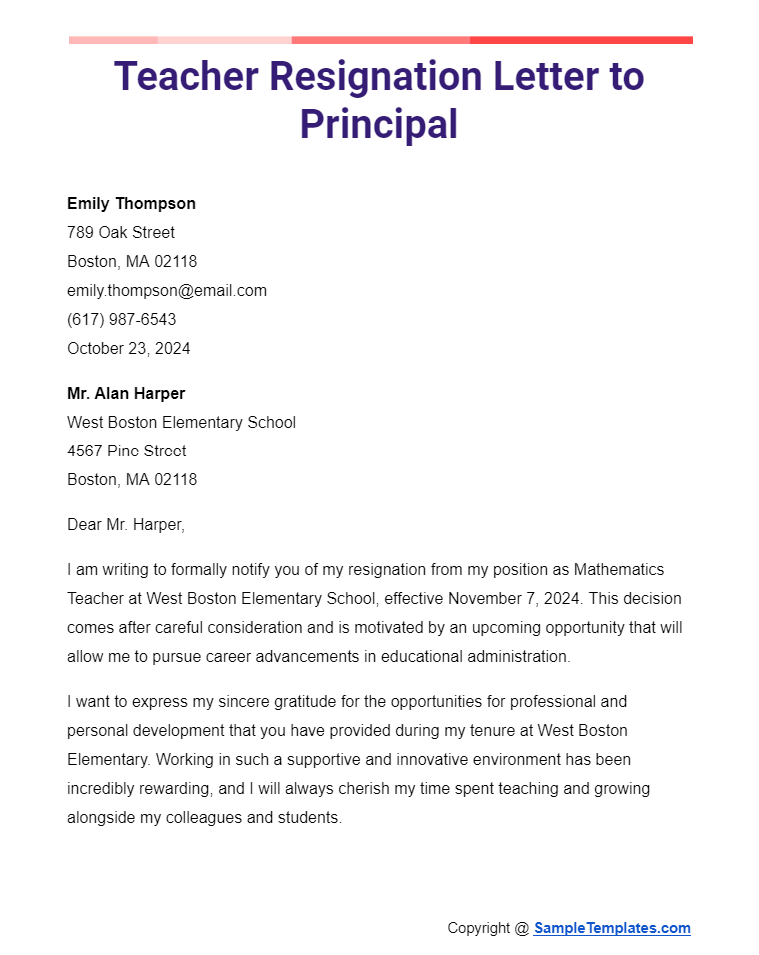 teacher resignation letter to principal