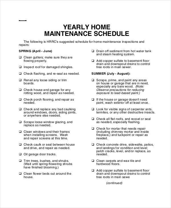 yearly home maintenance schedule sample