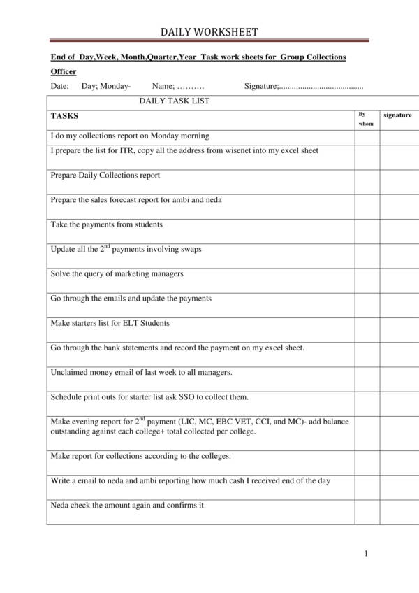 accounts receivable officer daily worksheet template