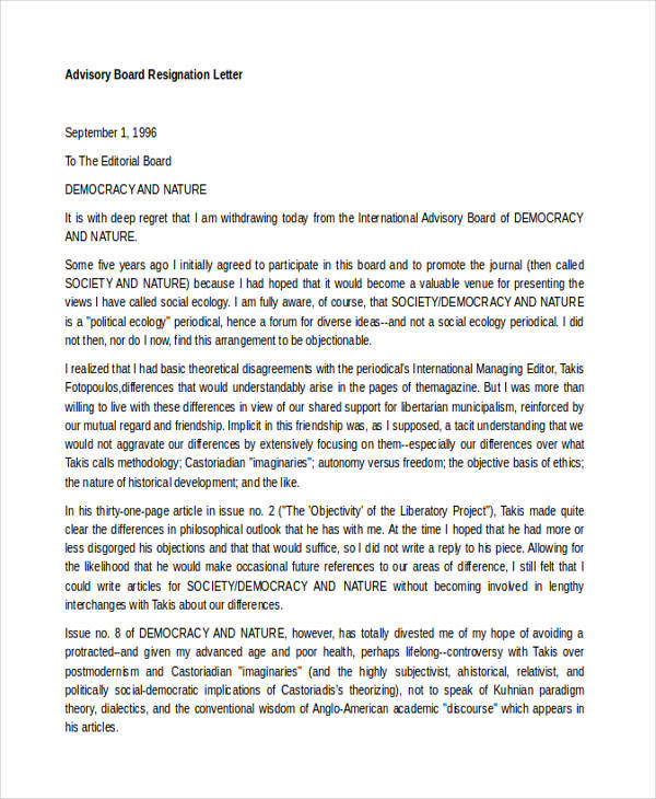 advisory board resignation letter