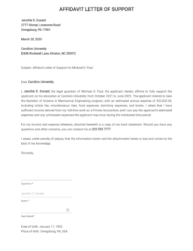 affidavit of support example template