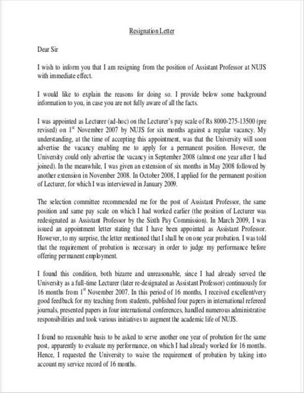 assistant teacher resignation letter format