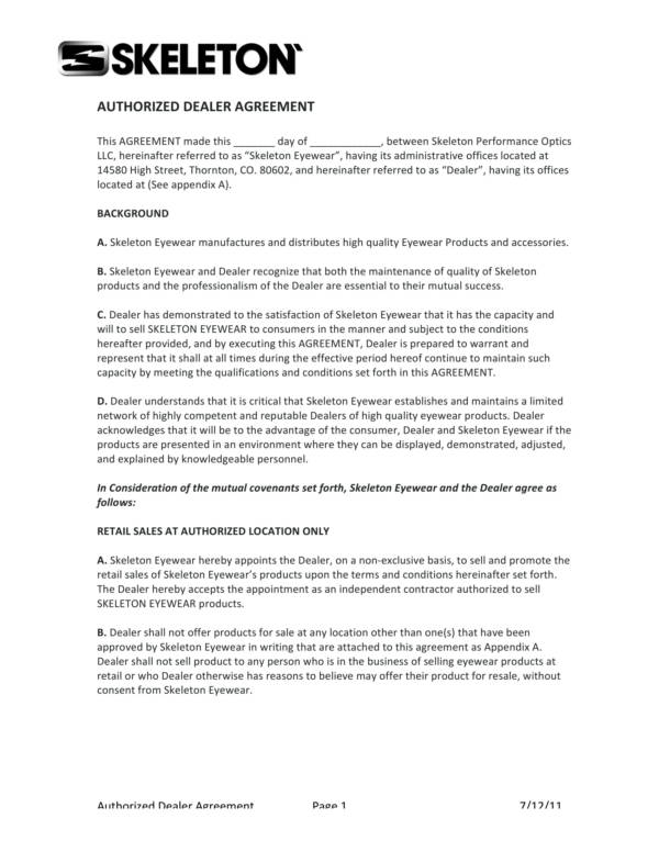 authorized eyewear dealership agreement template