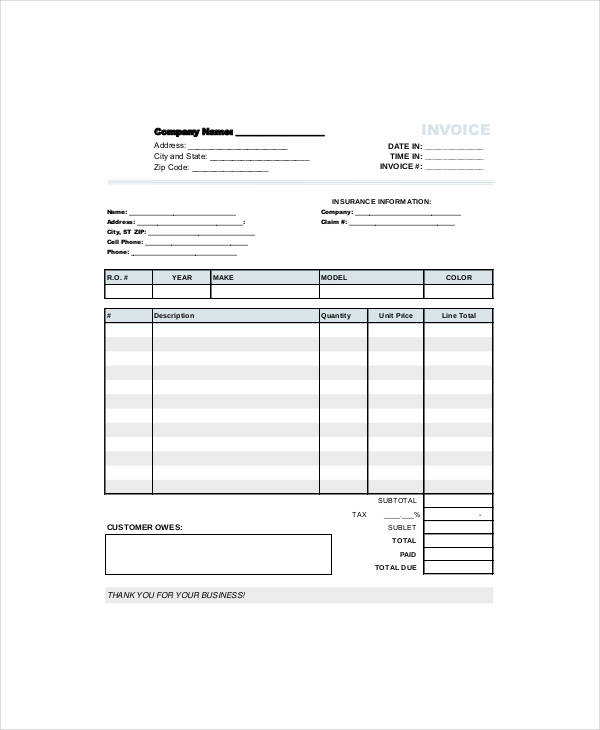 Auto Body Repair Receipt Templates