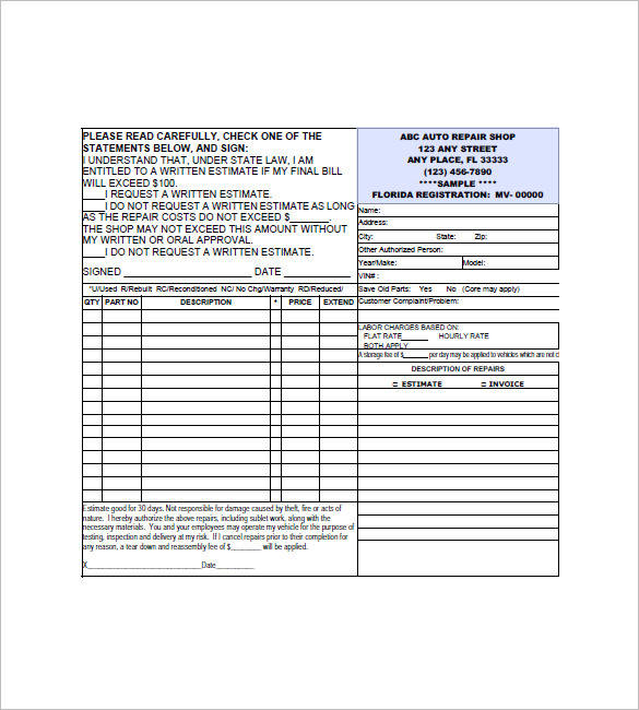 automotive repair free invoice