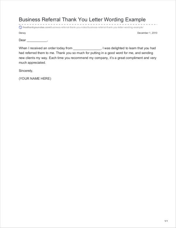 business referral thank you letter wording example