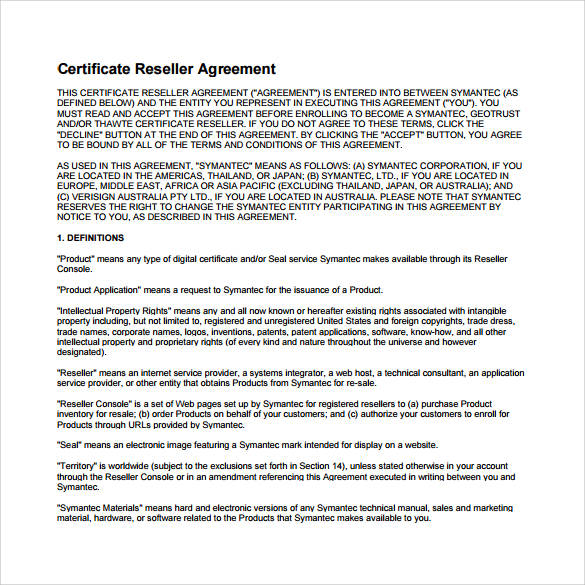 certificate reseller agreement