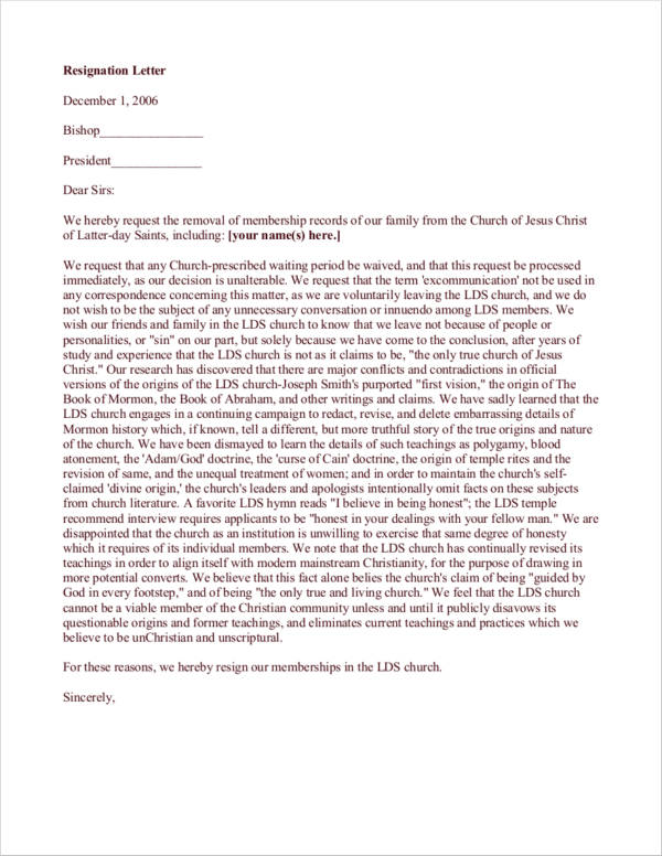 church membership record resignation letter