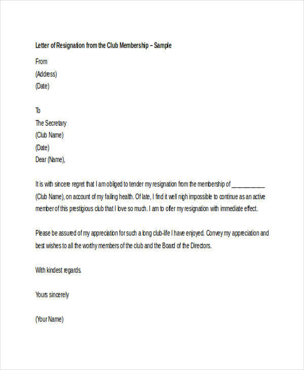 club membership resignation letter