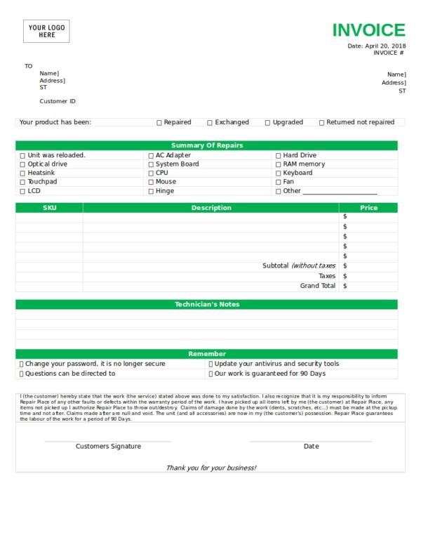 FREE 12 Repair Invoice Templates In PDF MS Word Excel