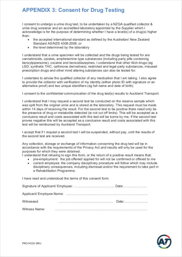 consent for drug testing form agreement