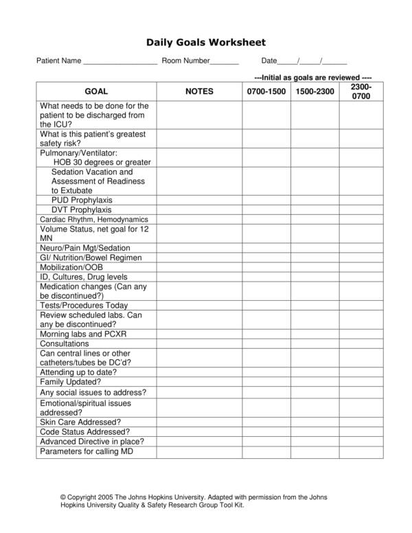 daily goals worksheet template