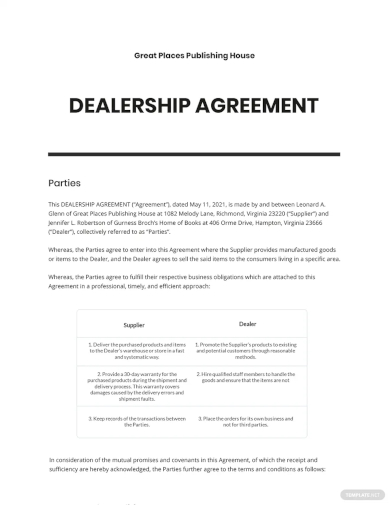 dealership agreement template