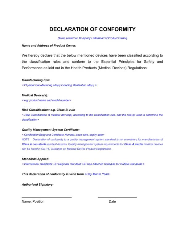 decalaration statement template for conformity