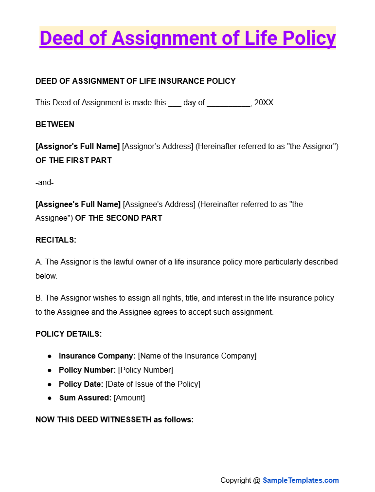 deed of assignment of life policy