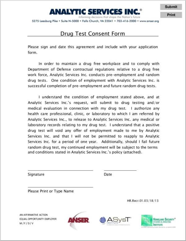 drug test consent form agreement sample