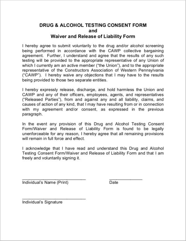 drug and alcohol test consent form agreement