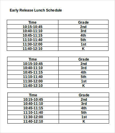 early release lunch schedule template