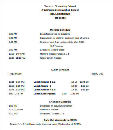 elementary school lunch schedule template