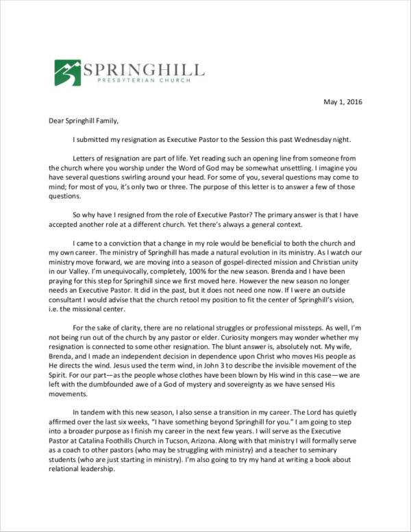 10 Church Resignation Letter Samples And Templates Pdf