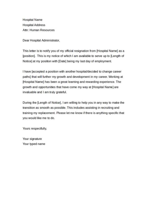 formal nursing resignation letter in word