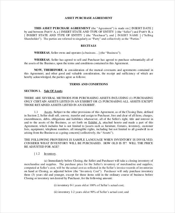 free download asset purchase agreement template in pdf