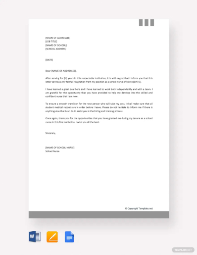 free school nurse resignation letter template