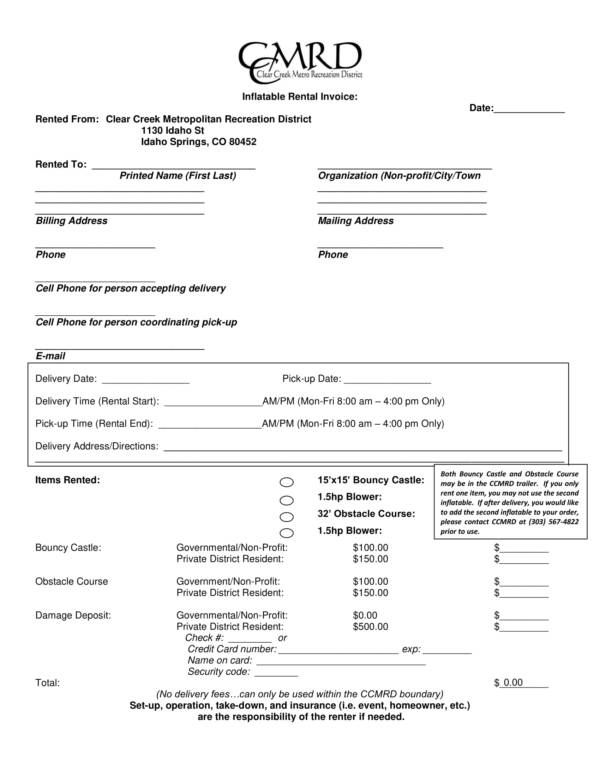 inflatable equipment rental invoice