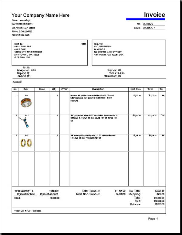 9+ Jewelry Invoice Samples and Templates – PDF, Word, Excel  Sample 