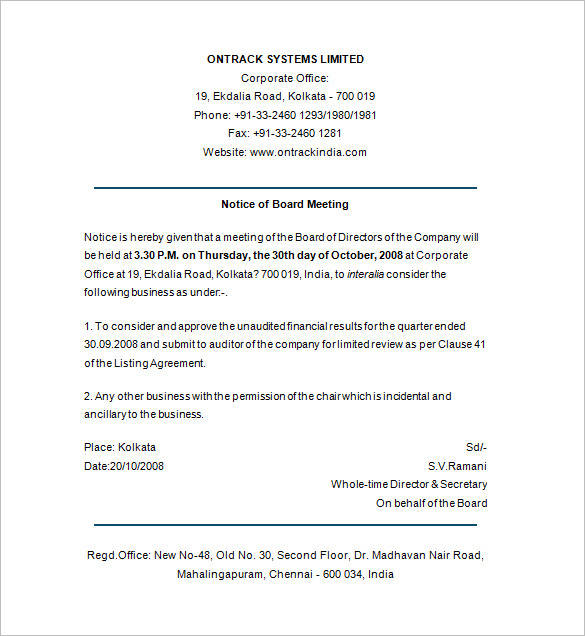 notice of board meeting format