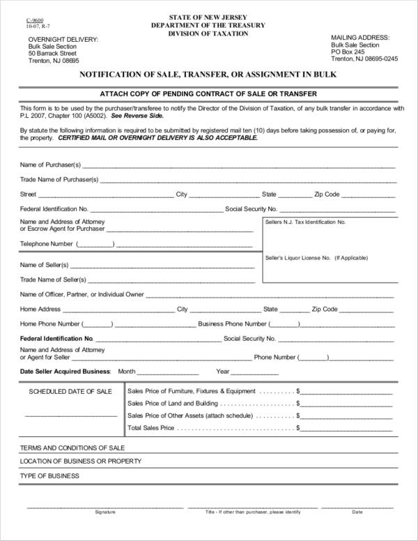 notification of sale transfer or assignment in bulk