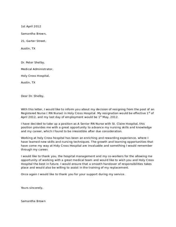 Resignation Letter Format Medical Reasons - Sample Resignation Letter