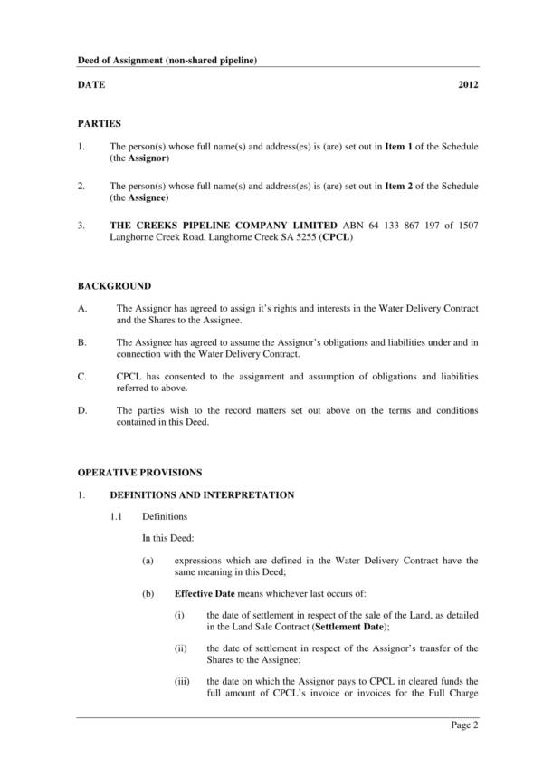 pipeline company deed of assignment sample 02