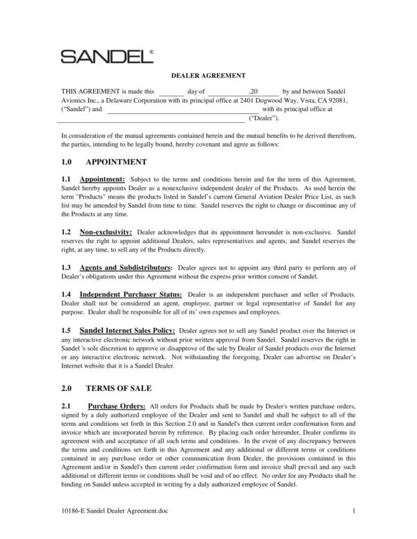 printable dealership agreement template