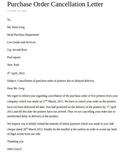 purchase order cancellation letter example