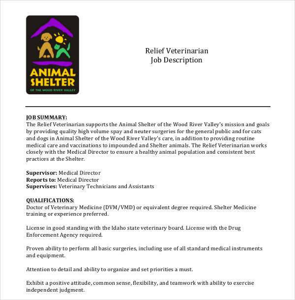 relief veterinarian job description 