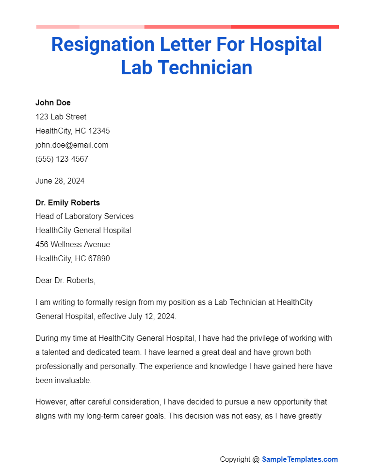 resignation letter for hospital lab technician