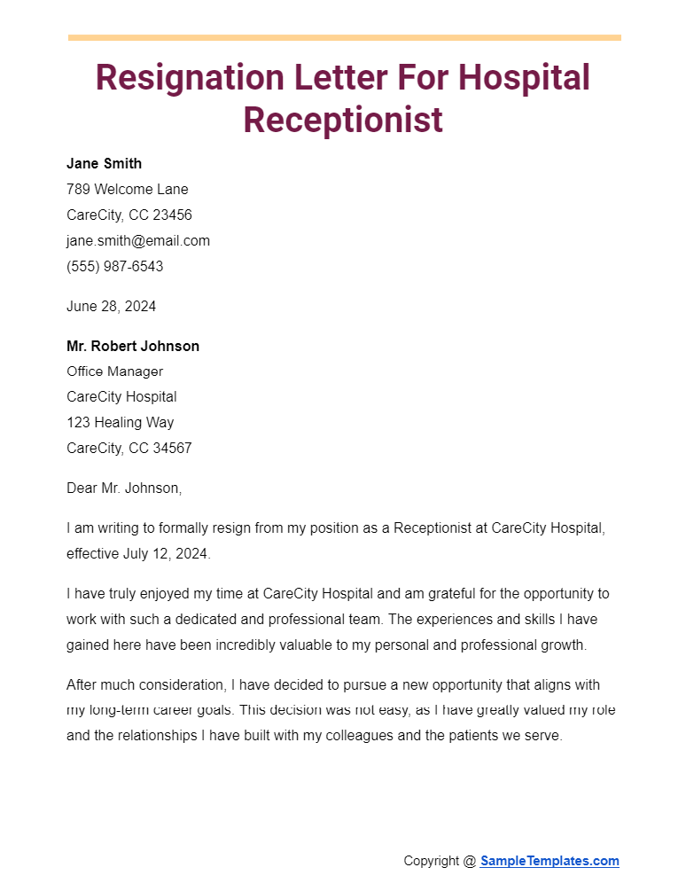resignation letter for hospital receptionist