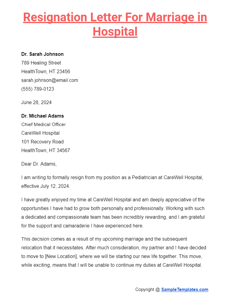 resignation letter for marriage in hospital