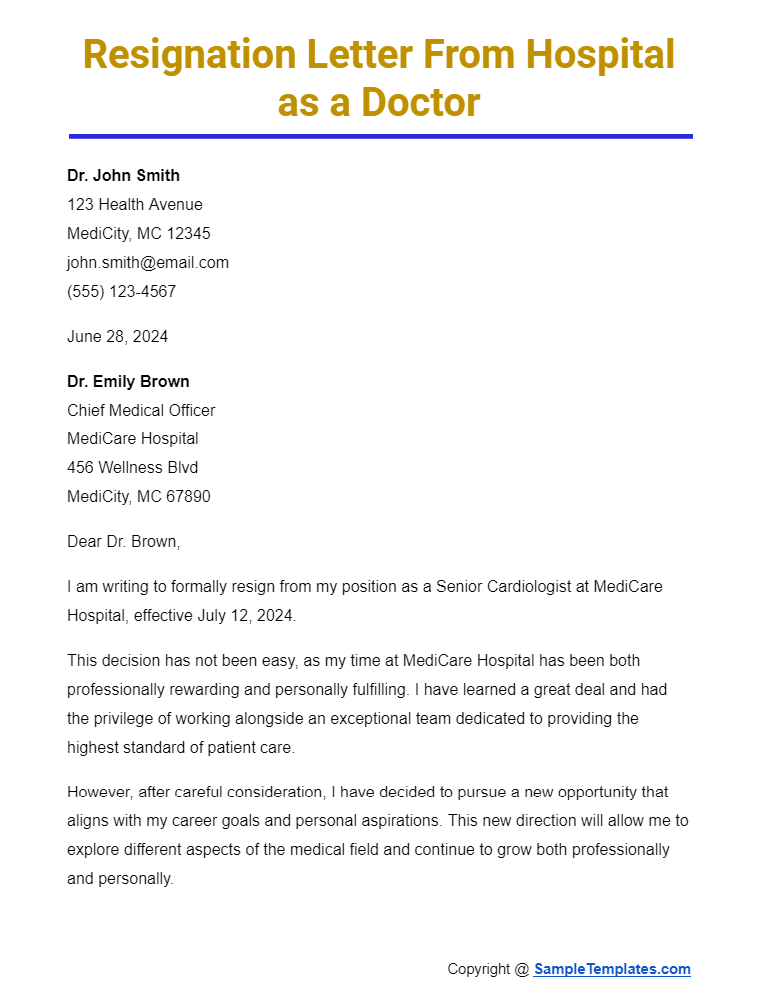 resignation letter from hospital as a doctor