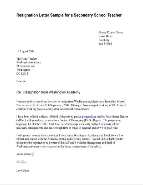 resignation letter sample for a secondary school teacher