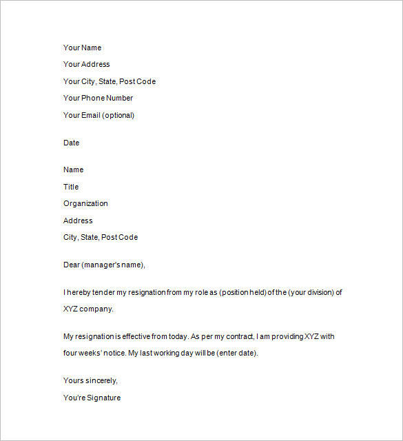 resignation za letter template â€“ Templates Templates Samples &  Sample  Word  Notice 54