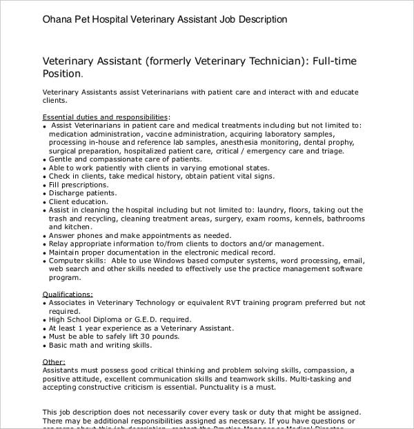 sample free veterinarian assistant job description