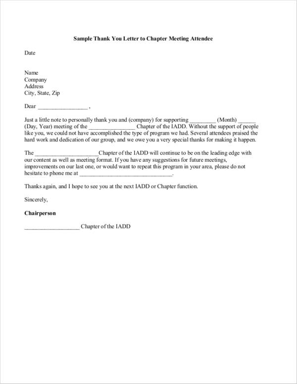 sample thank you letter to chapter meeting attendee