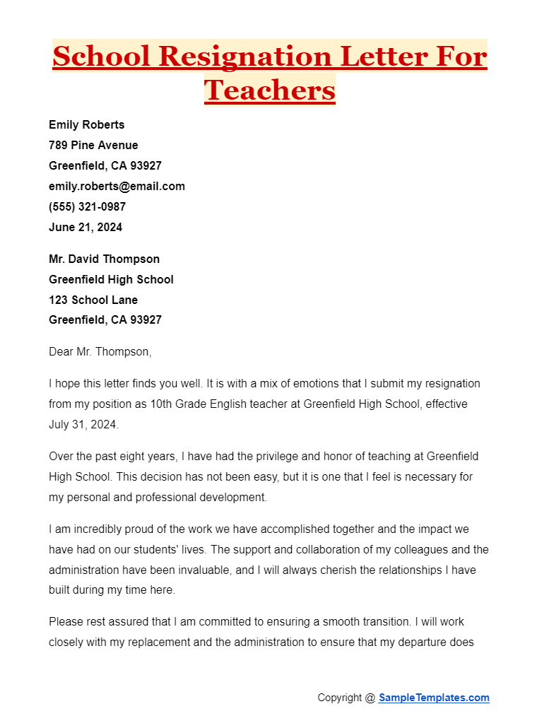 school resignation letter for teachers