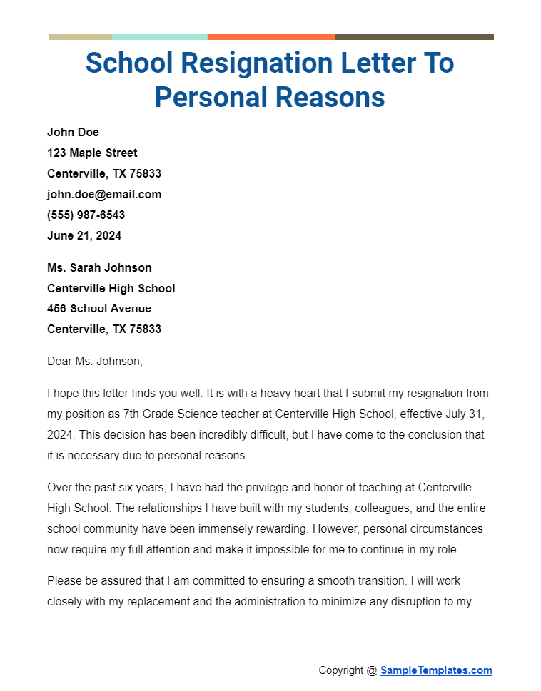school resignation letter to personal reasons