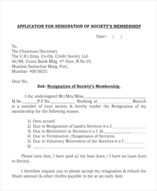 society’s membership resignation letter