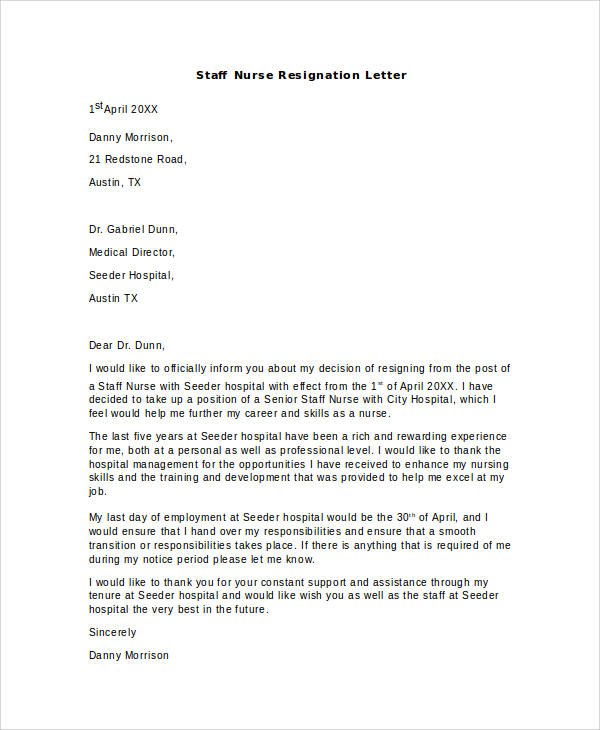FREE 11 Hospital Resignation Letter Samples And Templates In PDF MS Word