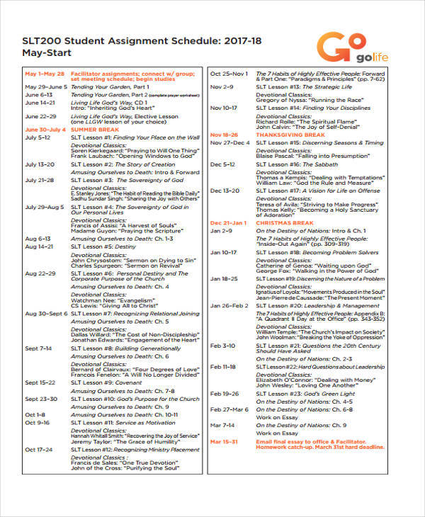 class assignment schedule template