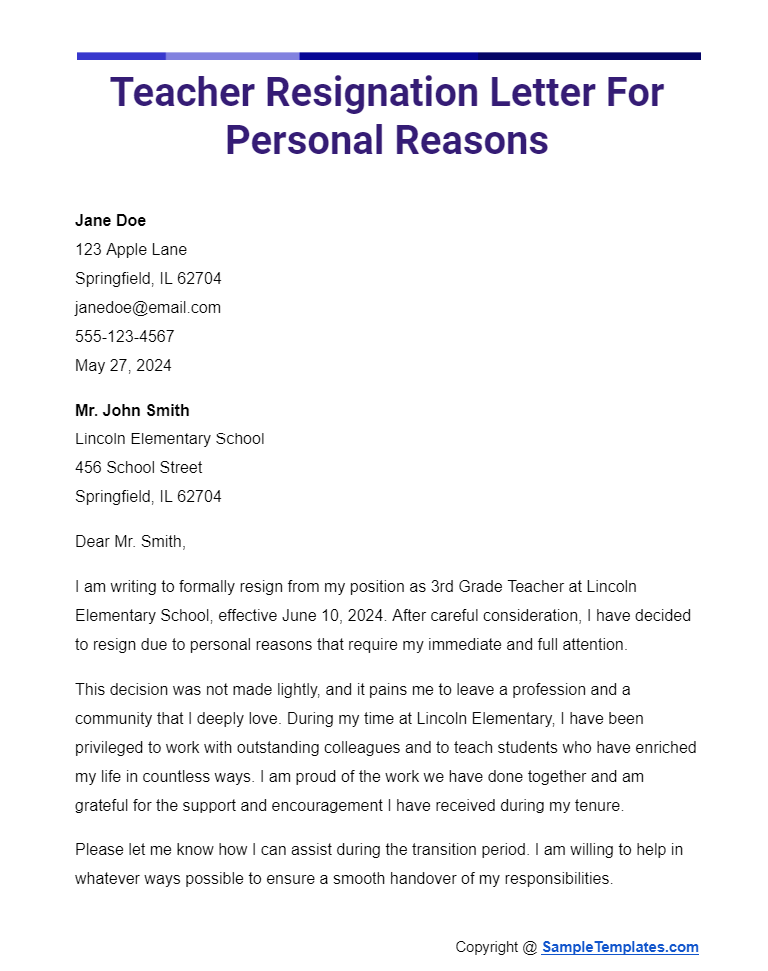teacher resignation letter for personal reasons